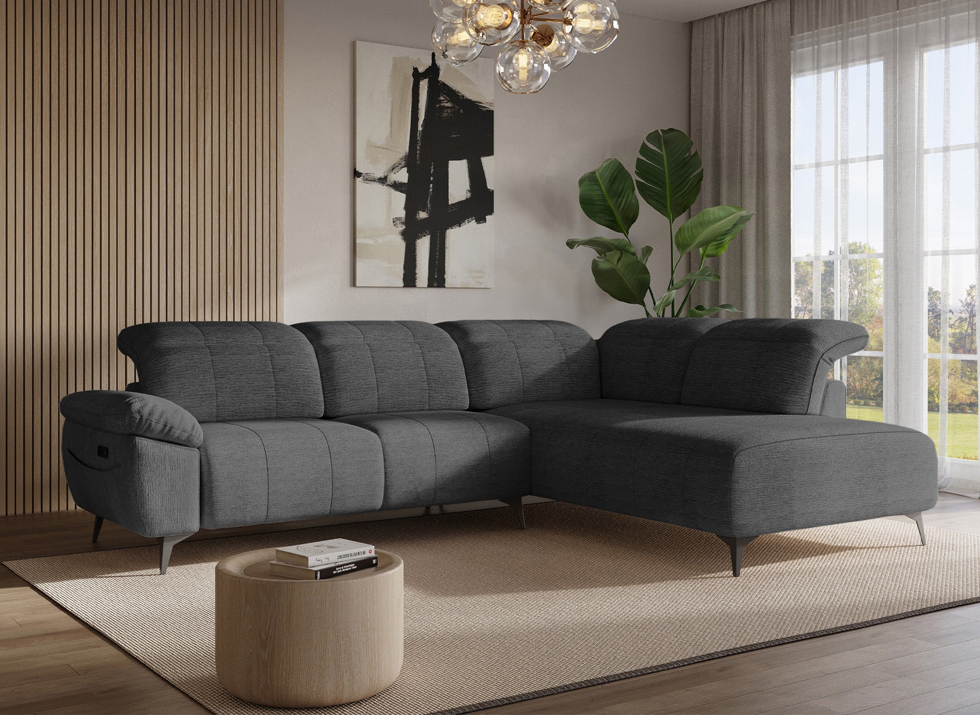 Canapé d'angle relax électrique en velours chiné gris SOLINA - Angle droit