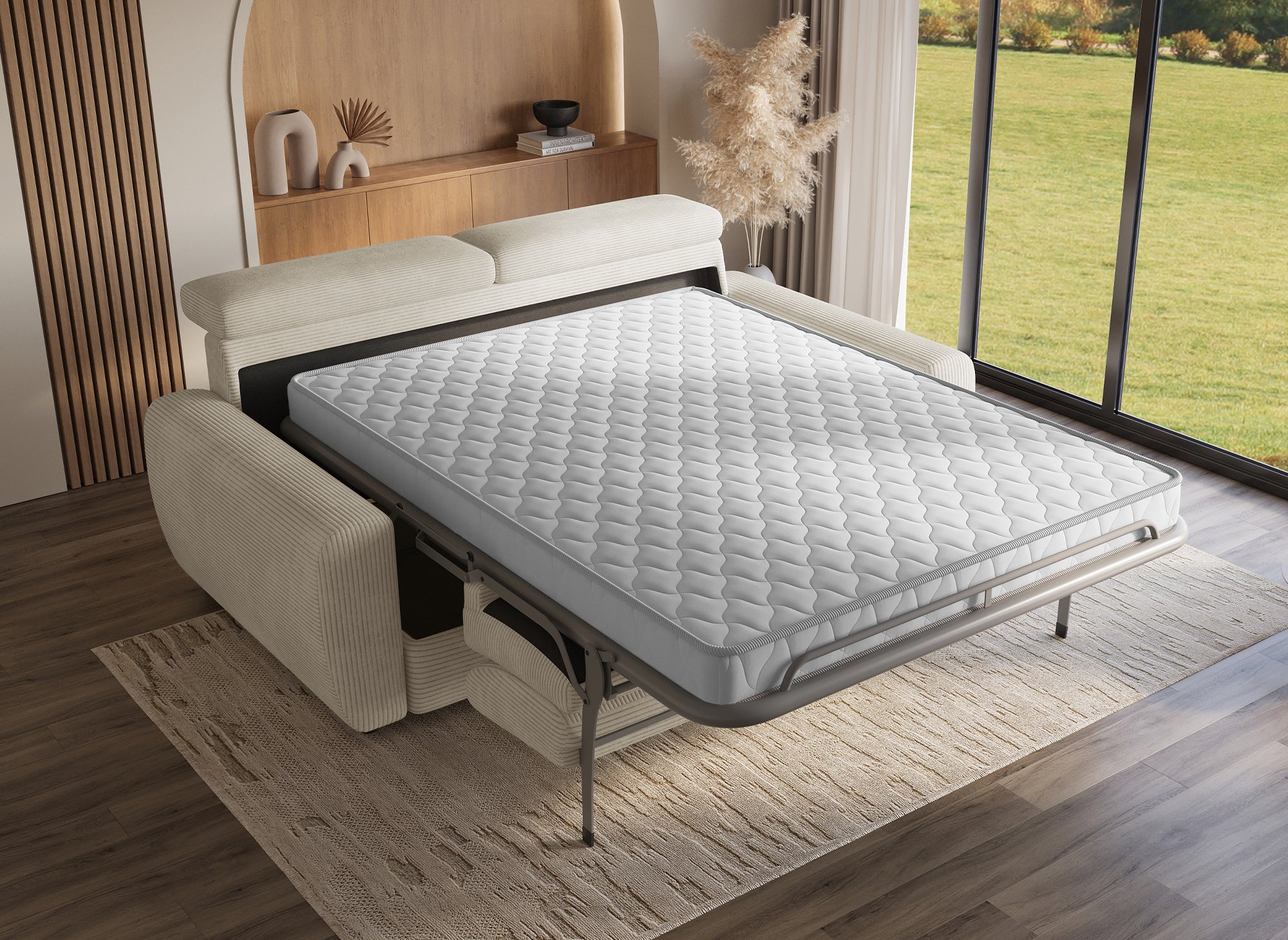 Canapé convertible express 3 places en velours côtelé beige TOGO