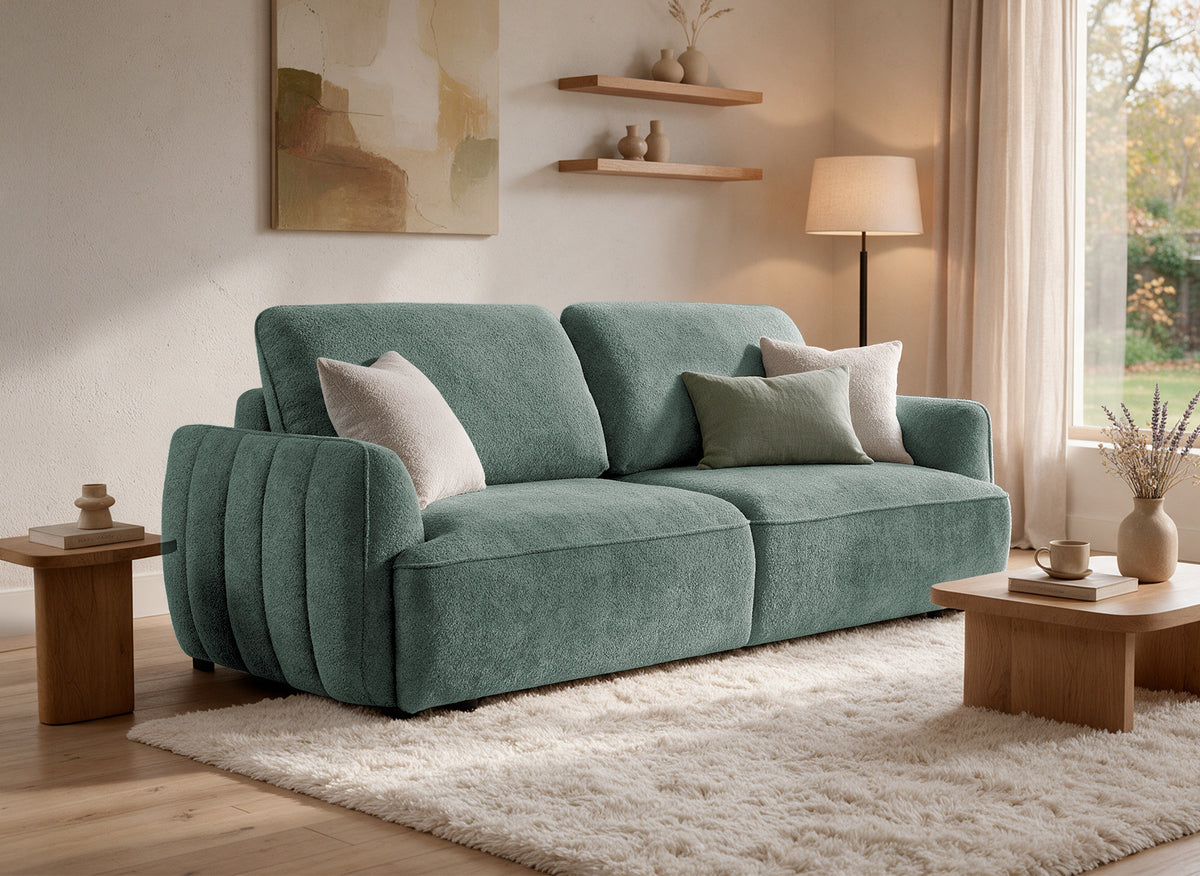 Canapé droit 3 places convertible avec coffre en tissu bouclette vert LAUDINE