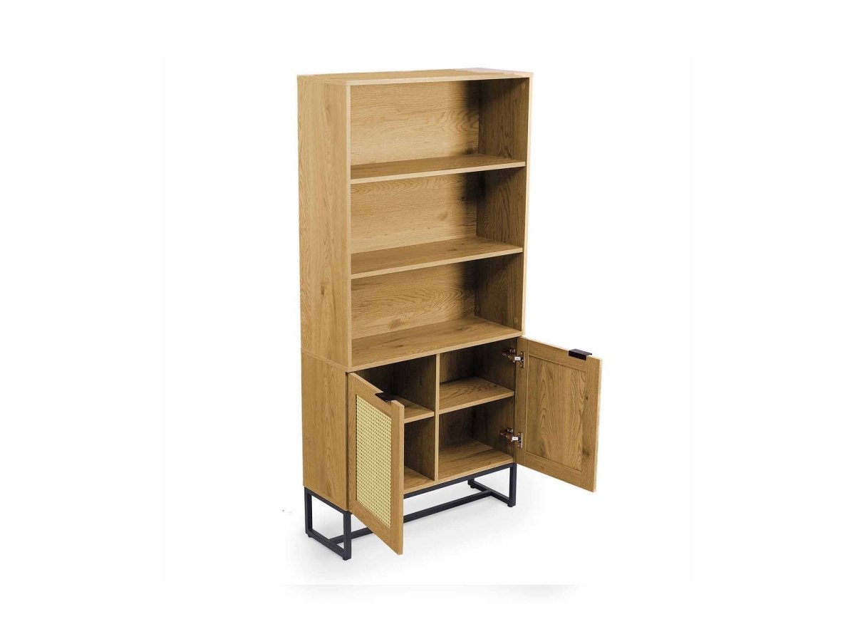 Bibliothèque scandinave 2 portes 2 étagères en bois métal et cannage TULLIO - DécoInParis