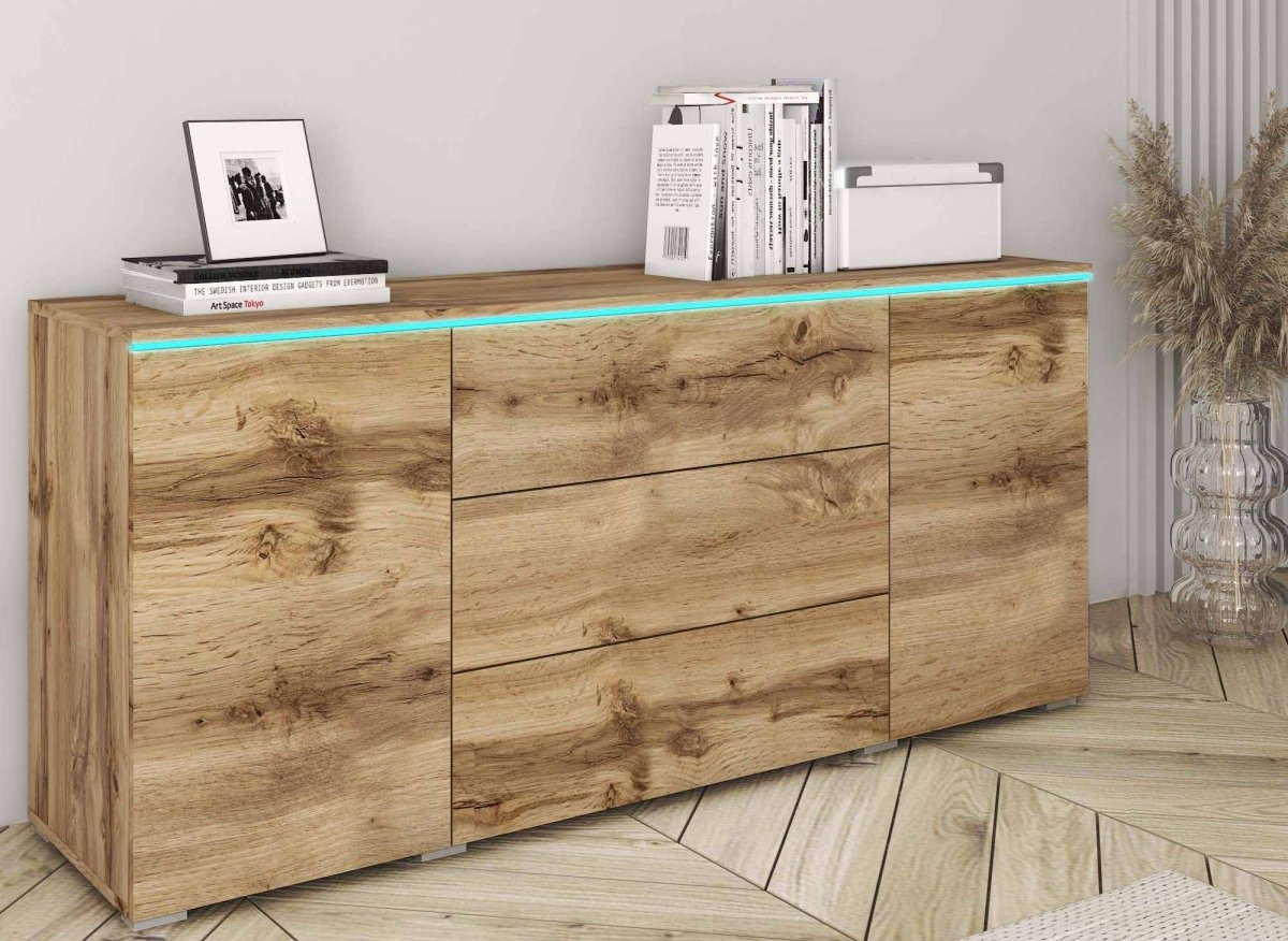 Buffet commode 2 portes 3 tiroirs chêne avec LED - ALEXIA - DécoInParis