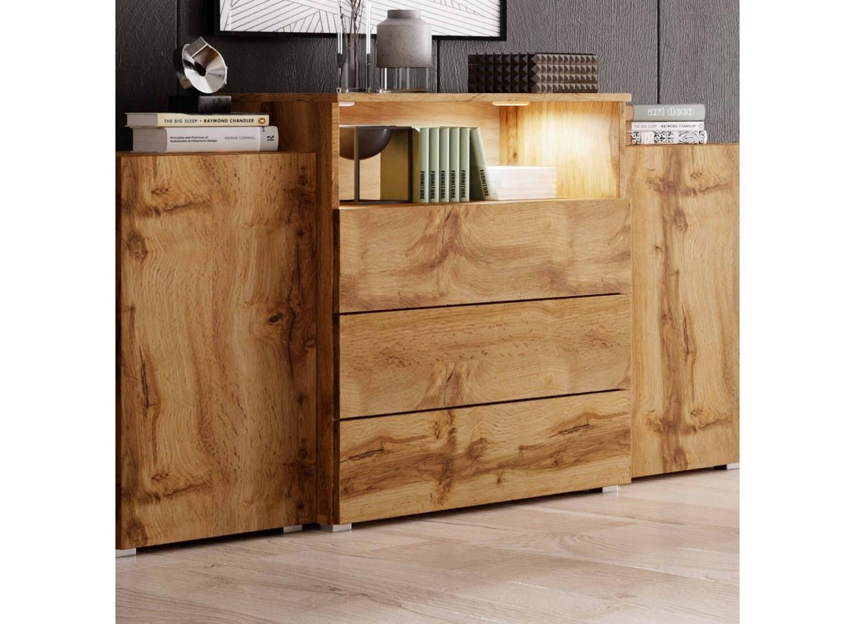Buffet commodes 2 portes 3 tiroirs chêne avec LED - MARCEL - DécoInParis