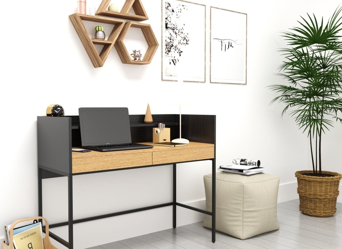 Bureau 2 tiroirs 1 étagère design industriel en bois et métal ALICE - DécoInParis