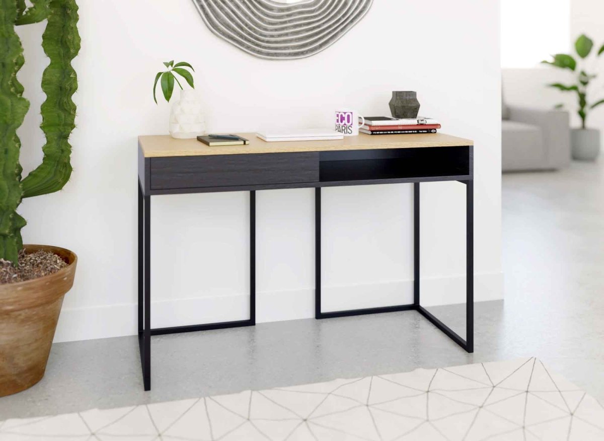 Bureau industriel avec tiroir et rangement en bois et métal COLETTE - DécoInParis