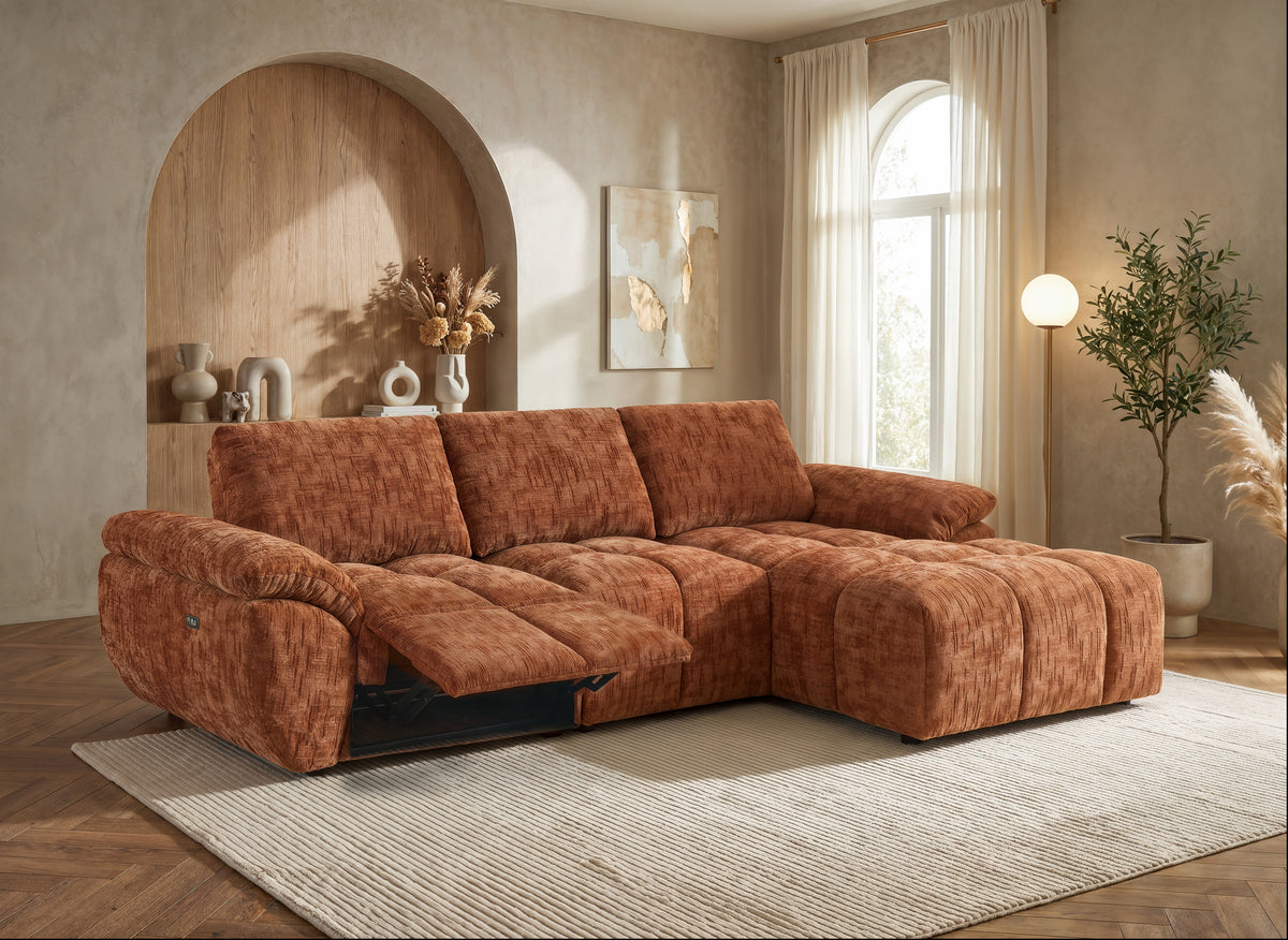 Canapé d’angle relax électrique en velours chiné terracotta ALPES - Angle droit
