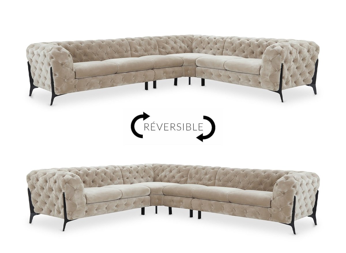 Canapé capitonné chesterfield d'angle réversible en velours beige CARMEN - DécoInParis