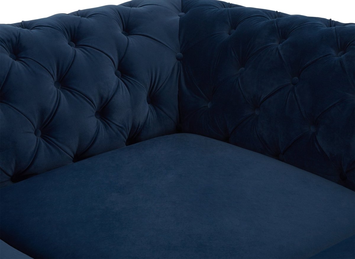 Canapé capitonné chesterfield d'angle réversible en velours bleu CARMEN - DécoInParis