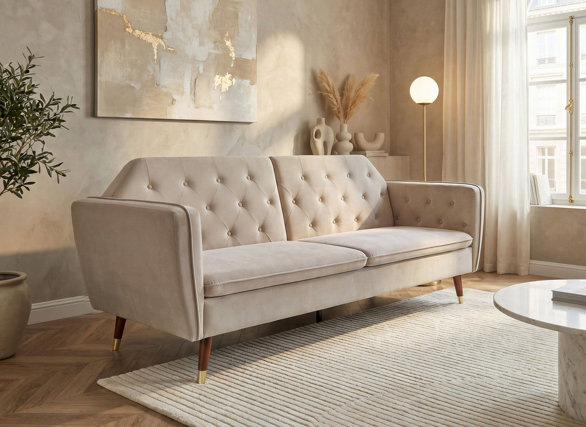 Canapé clic-clac convertible 3 places en tissu velours beige ARIANE
