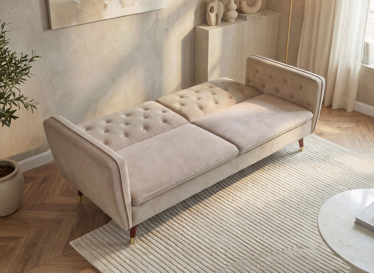 Canapé clic-clac convertible 3 places en tissu velours beige ARIANE