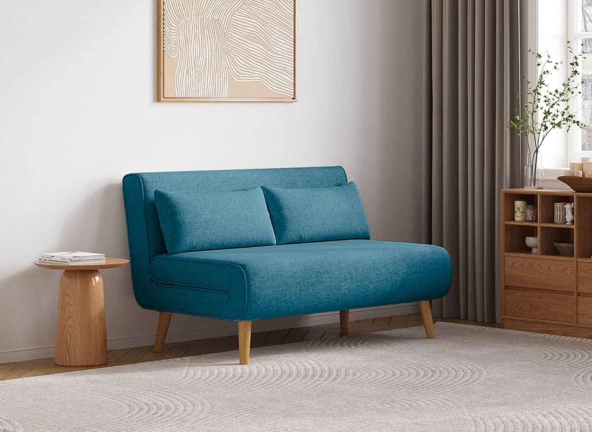 Canapé clic clac 2 places en tissu bleu TONKA - DécoInParis