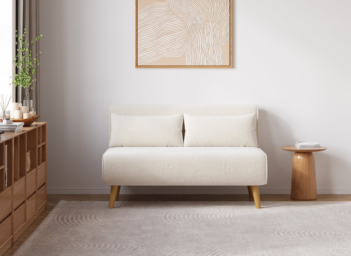 Canapé clic clac 2 places en tissu bouclette écru TONKA - DécoInParis