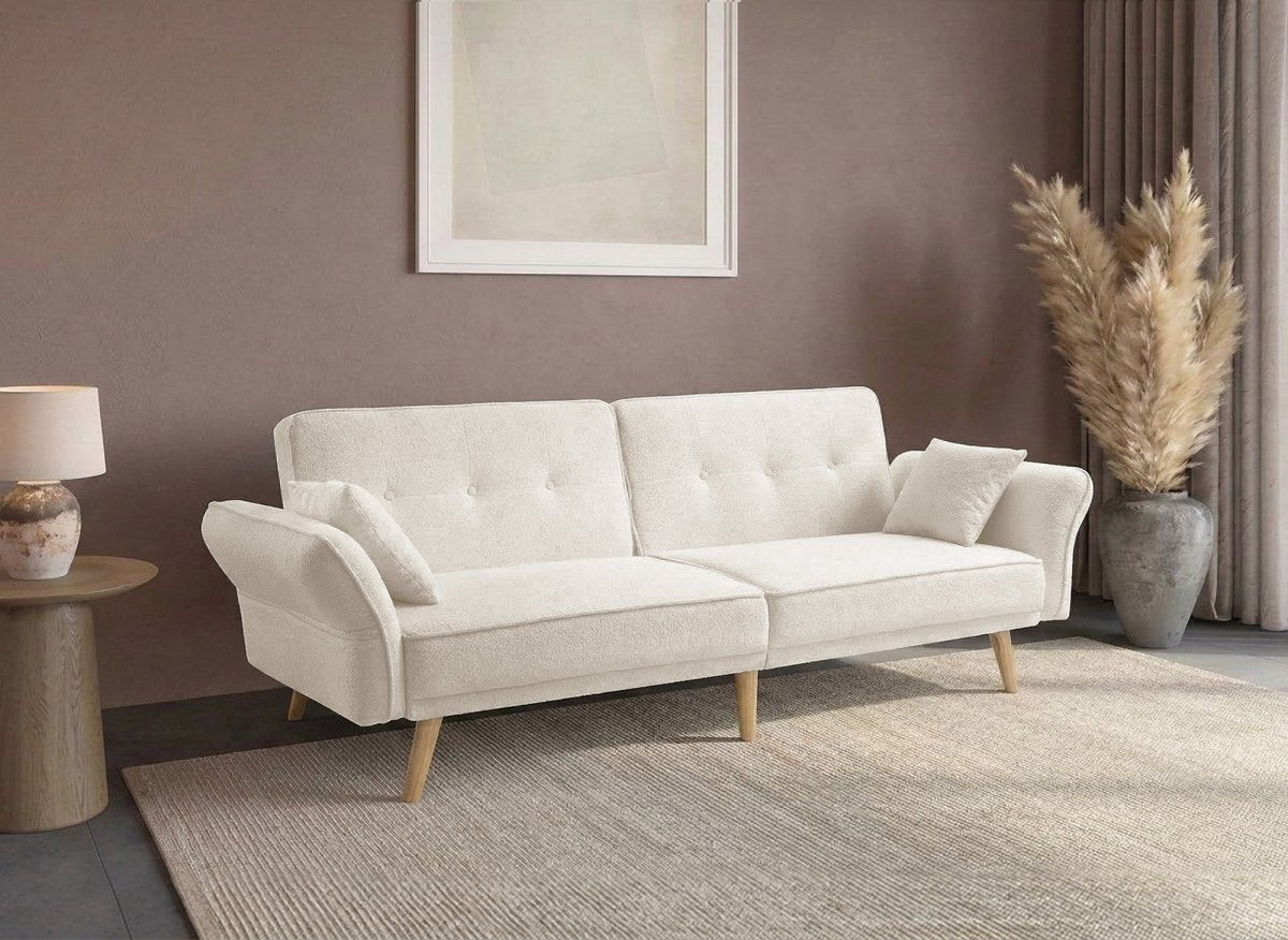 Canapé clic clac 3 places en tissu bouclette blanc écru CHILI - DécoInParis