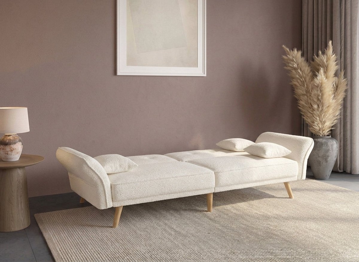 Canapé clic clac 3 places en tissu bouclette blanc écru CHILI - DécoInParis