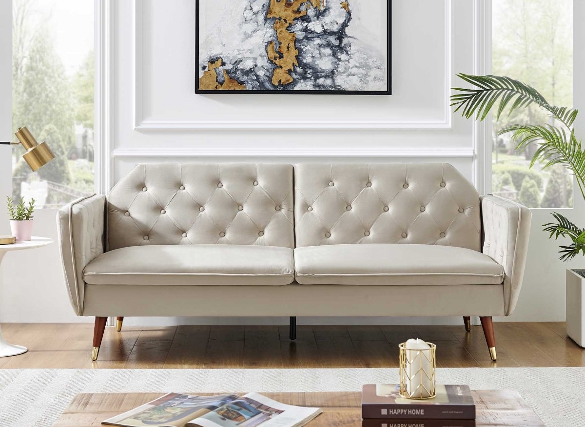 Canapé clic - clac convertible 3 places en tissu velours beige ARIANE - DécoInParis