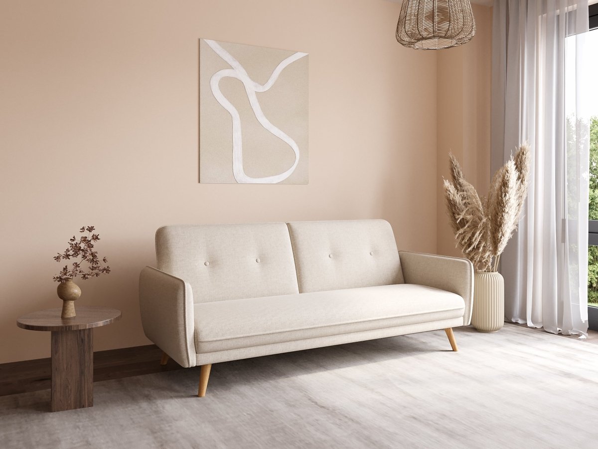 Canapé clic clac en tissu beige avec pieds en bois NATAL - DécoInParis