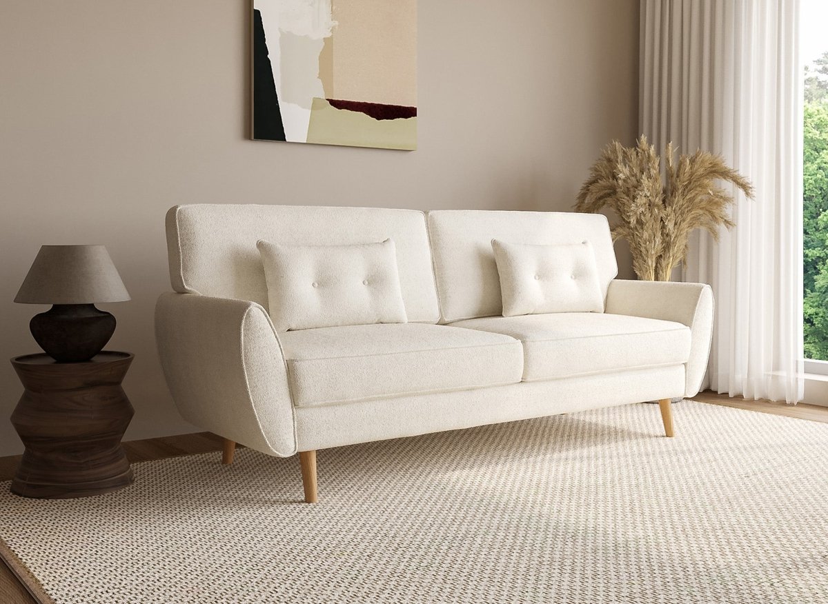 Canapé clic clac en tissu bouclette blanc écru avec pieds en bois PANAMA - DécoInParis