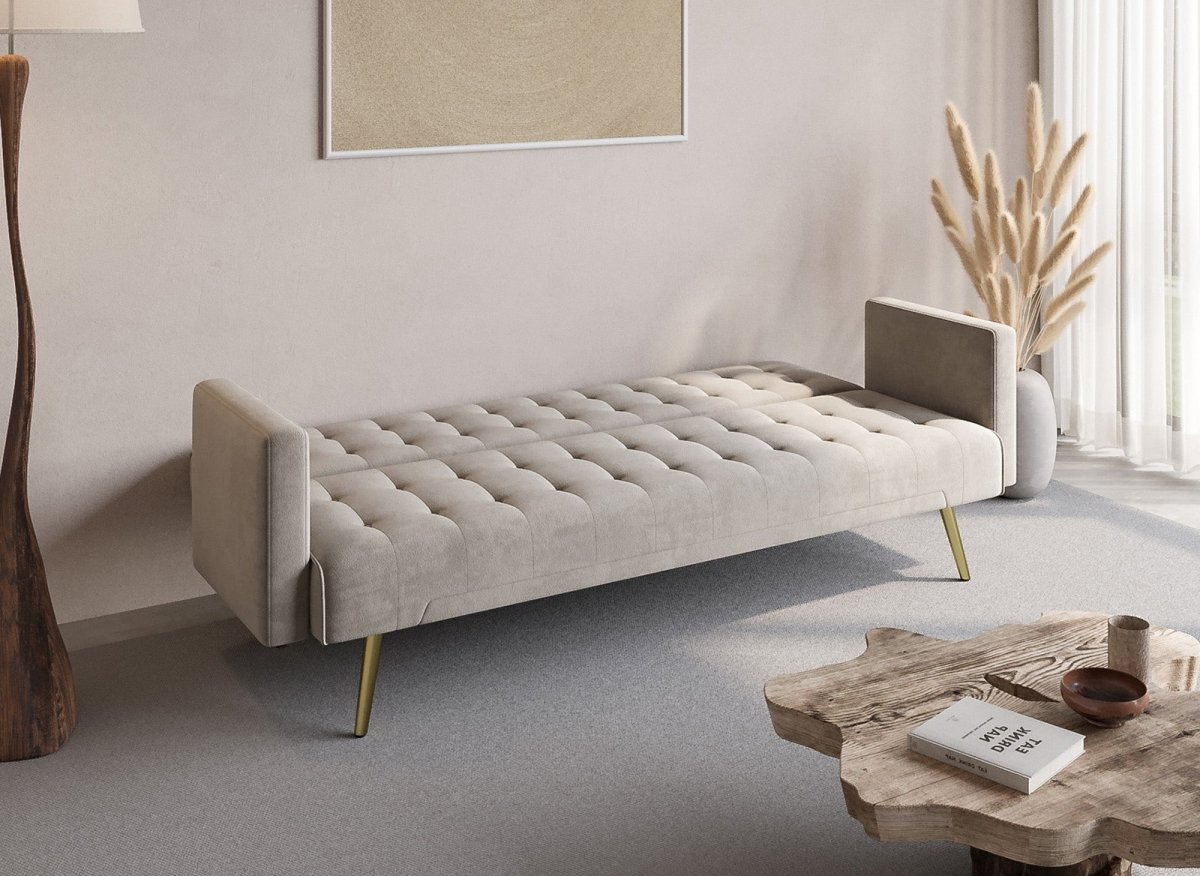 Canapé clic clac en velours beige avec pieds en métal doré CHICAGO - DécoInParis