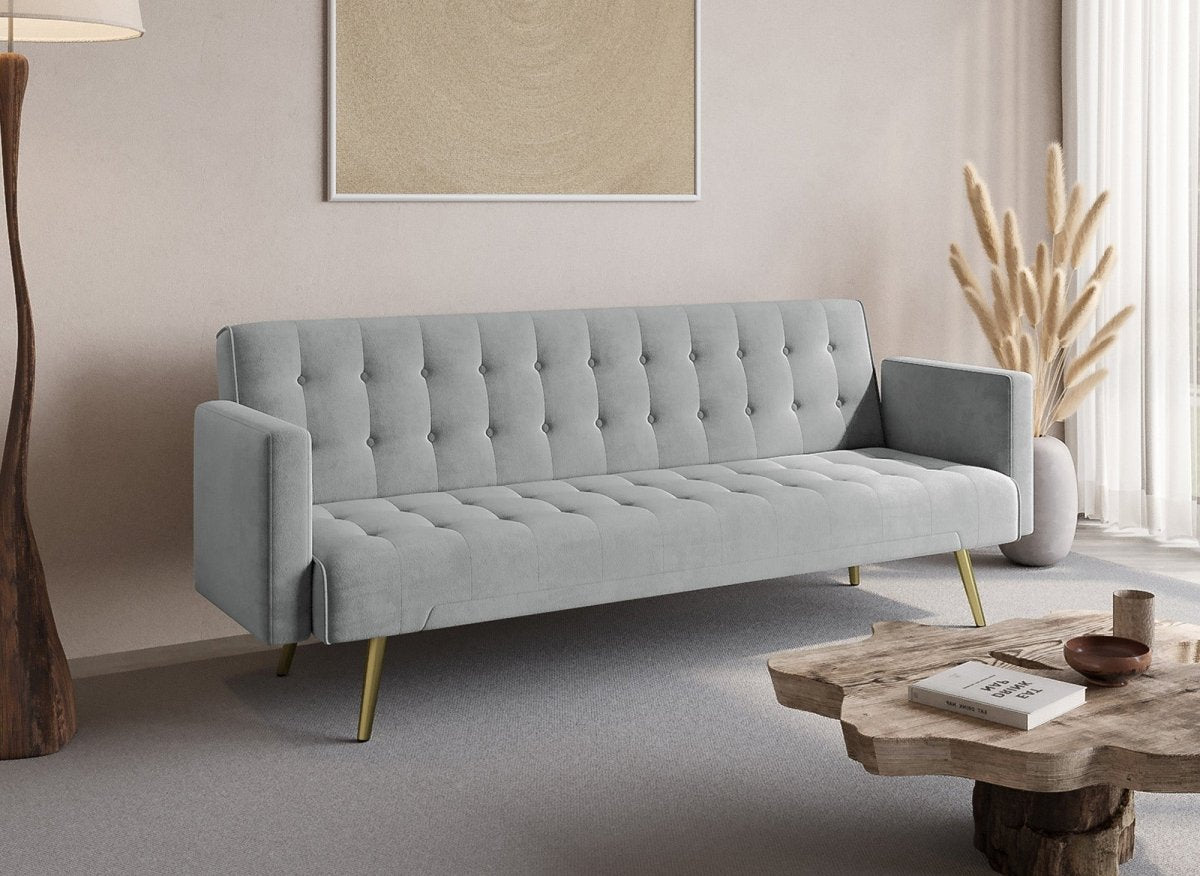 Canapé clic clac en velours gris avec pieds en métal doré CHICAGO - DécoInParis