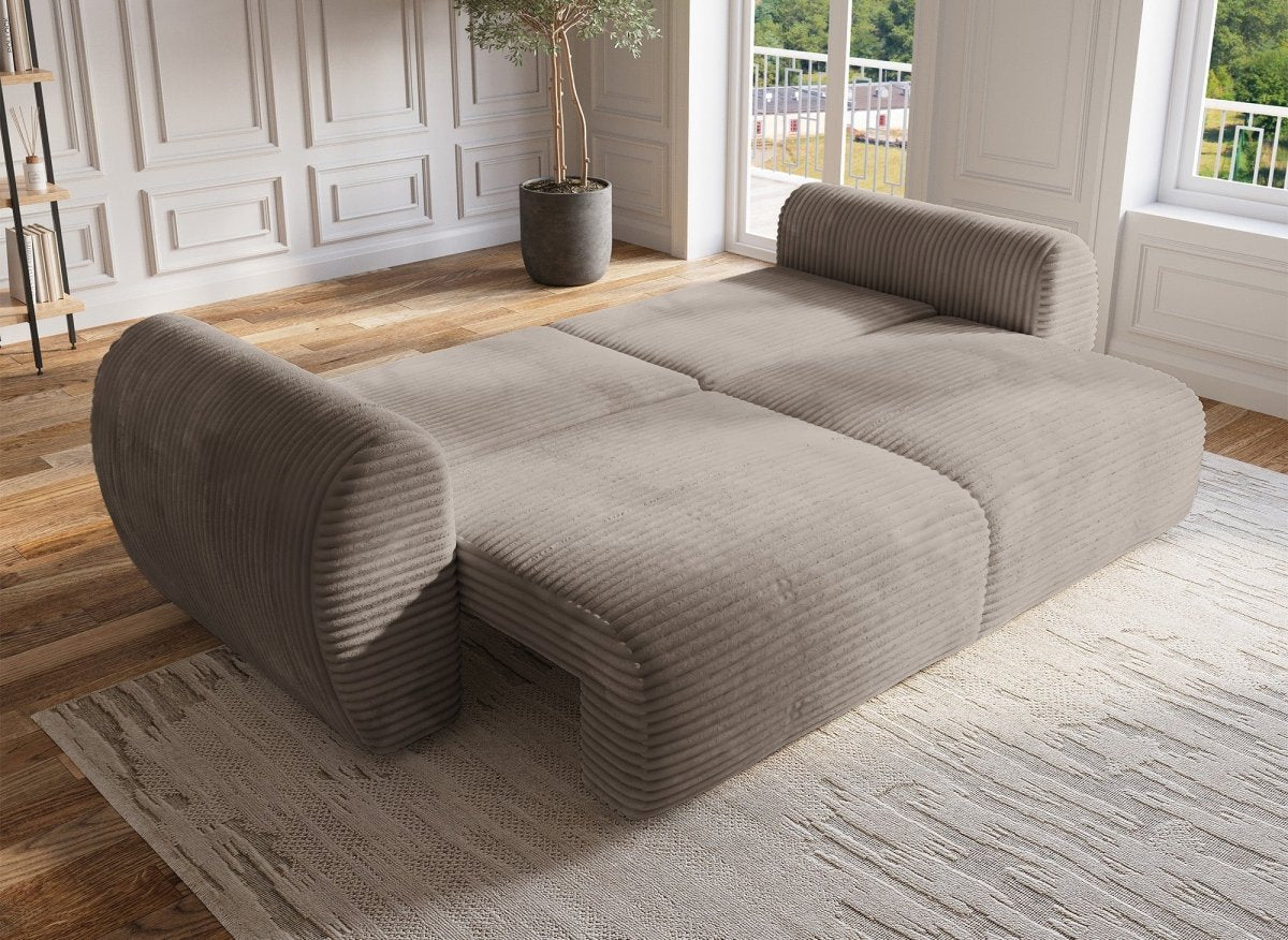 Canapé convertible 3 places avec coffre en gros côtelé doux taupe TILDA - DécoInParis