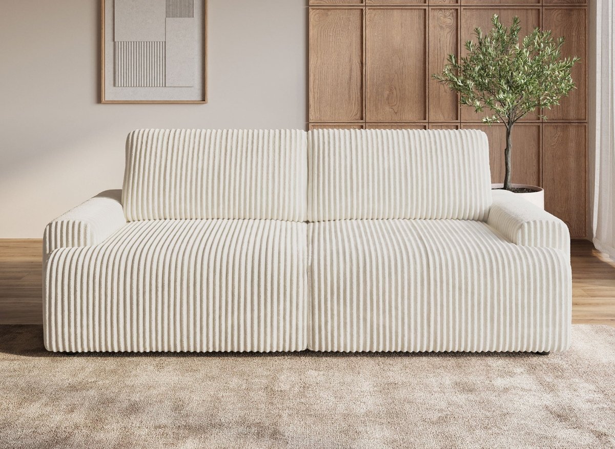 Canapé convertible 3 places avec coffre en velours côtelé épais beige MILO - DécoInParis