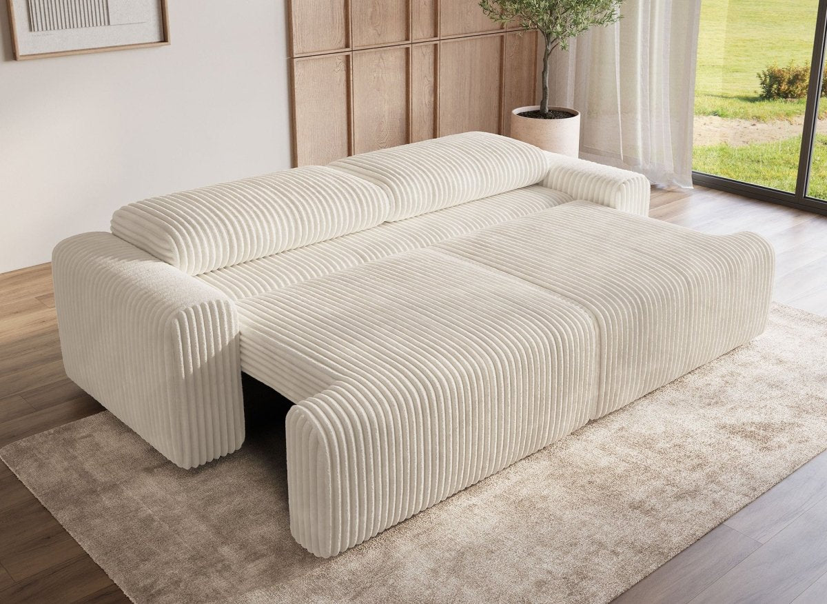 Canapé convertible 3 places avec coffre en velours côtelé épais beige MILO - DécoInParis