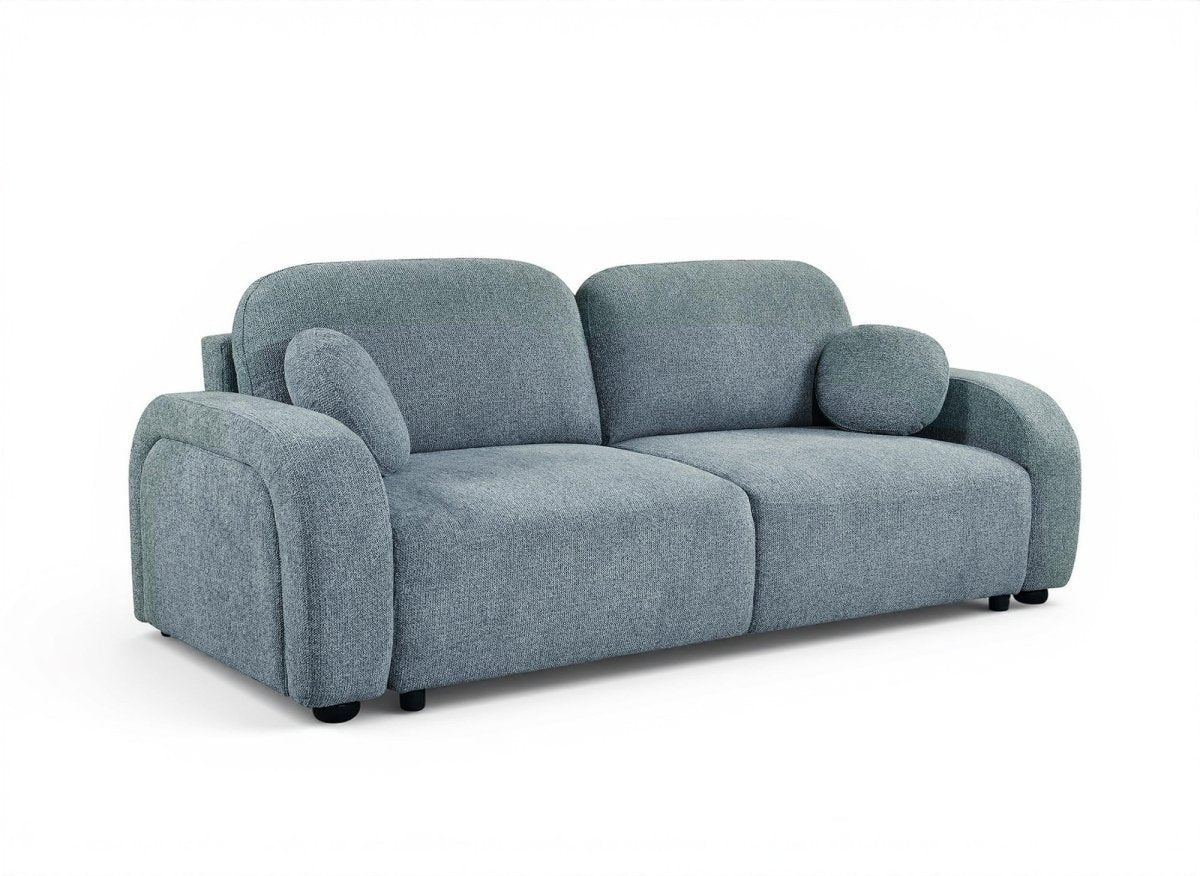 Canapé convertible 3 places en tissu bouclette bleu MAYORA - DécoInParis