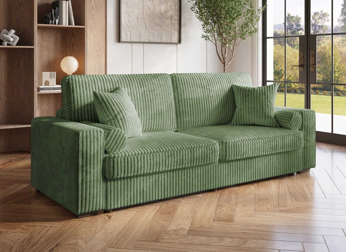 Canapé convertible 3 places en velours côtelé épais vert ALINE - DécoInParis