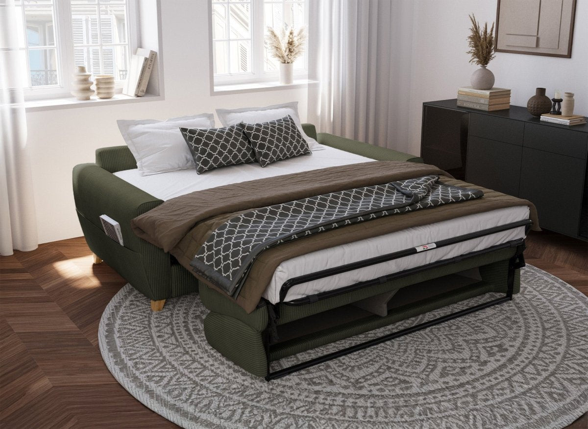 Canapé convertible 3 places en velours côtelé vert kaki avec matelas 18cm TOBIAS - DécoInParis