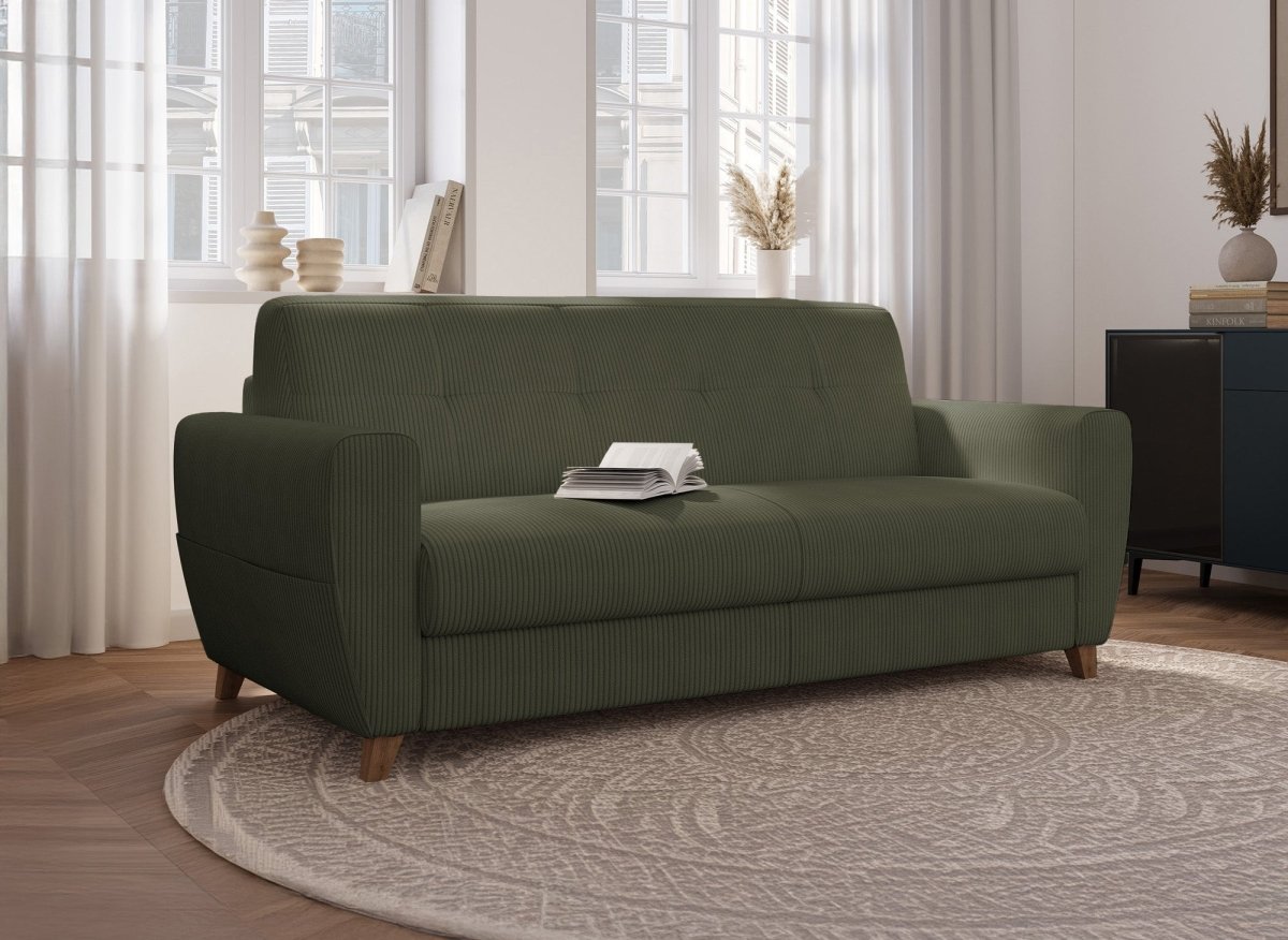 Canapé convertible 3 places en velours côtelé vert kaki avec matelas 18cm TOBIAS - DécoInParis