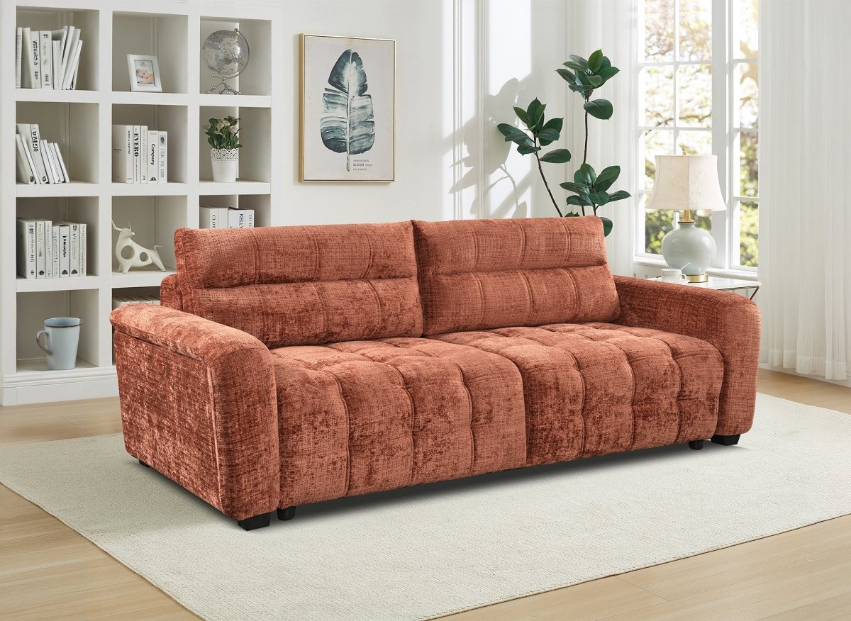 Canapé convertible avec coffre 3 places en velours chiné terracotta RALYA - DécoInParis