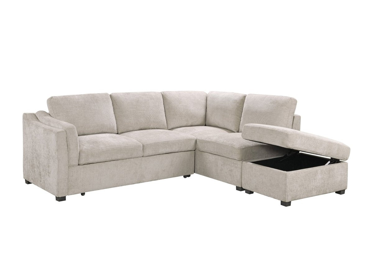 Canapé convertible avec coffre en velours chiné beige BARNEY - Angle droit - DécoInParis