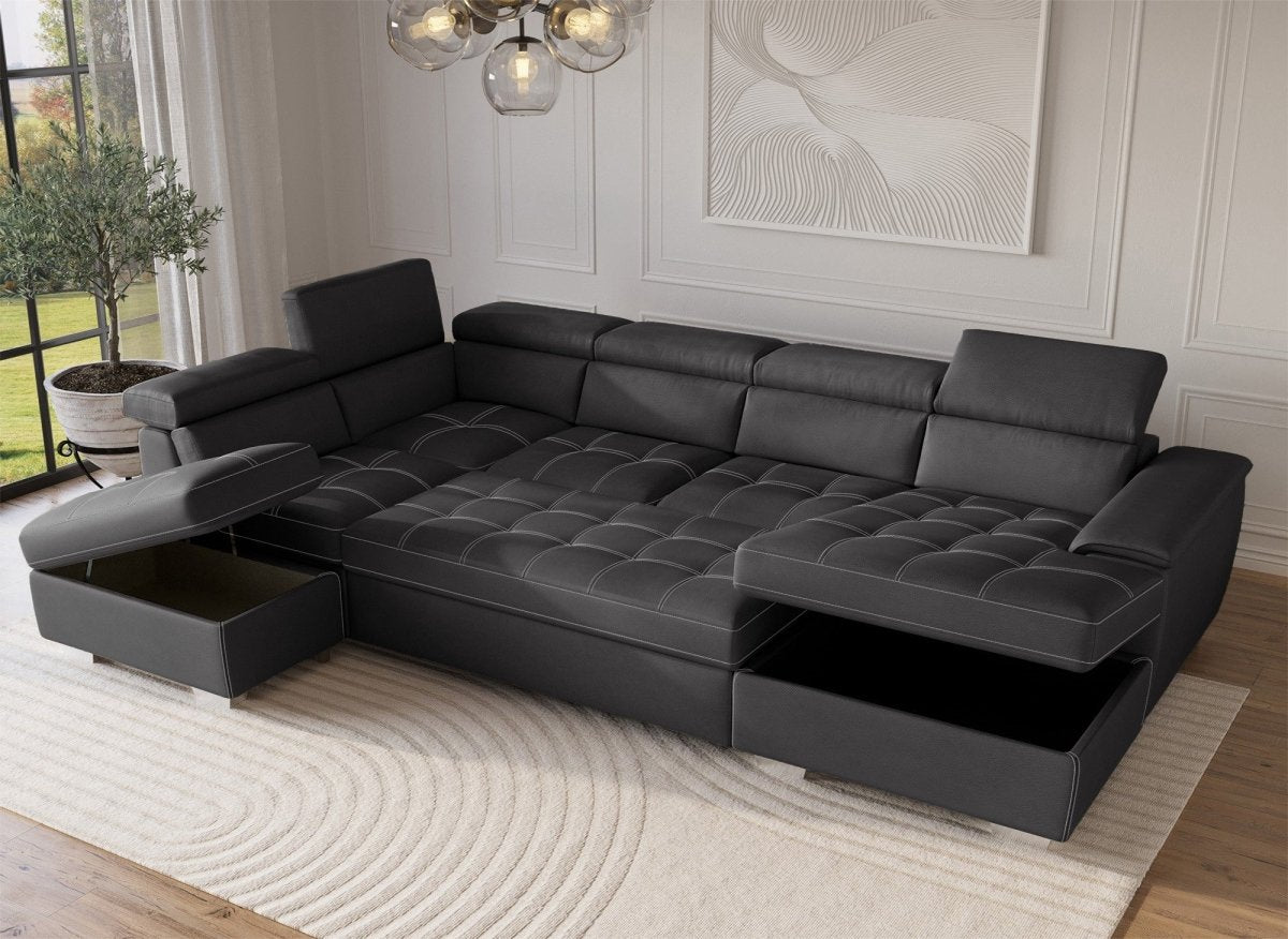 Canapé convertible et panoramique avec coffre de rangement en tissu gris OLIVER - Angle Droit - DécoInParis