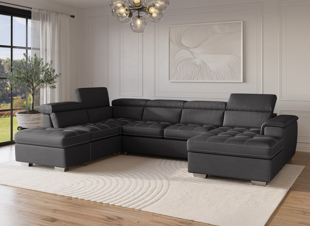 Canapé convertible et panoramique avec coffre de rangement en tissu gris OLIVER - Angle Droit - DécoInParis