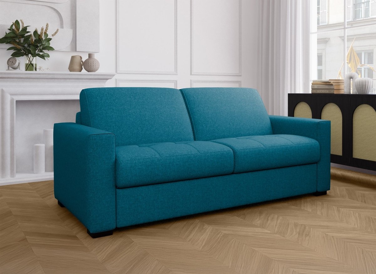 Canapé convertible express 3 places en tissu bleu pétrole LOUNA - DécoInParis