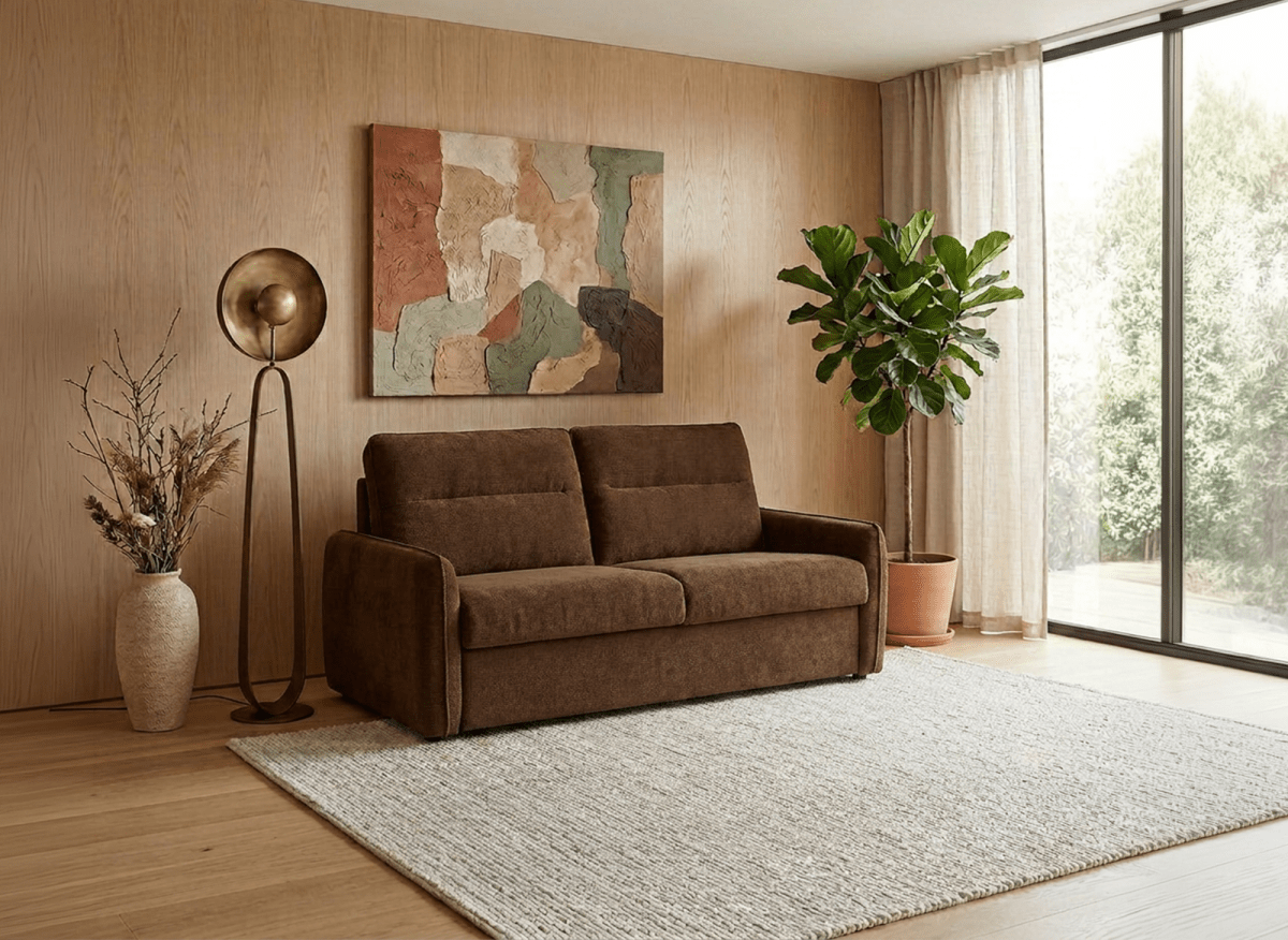 Canapé convertible express 3 places matelas 15 cm en tissu texturé terracotta ADILIO - DécoInParis