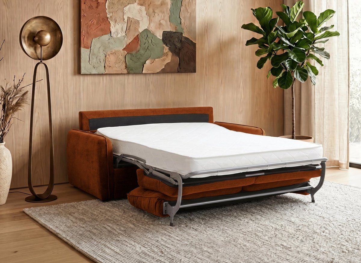 Canapé convertible express 3 places matelas 15 cm en tissu texturé terracotta ADILIO - DécoInParis