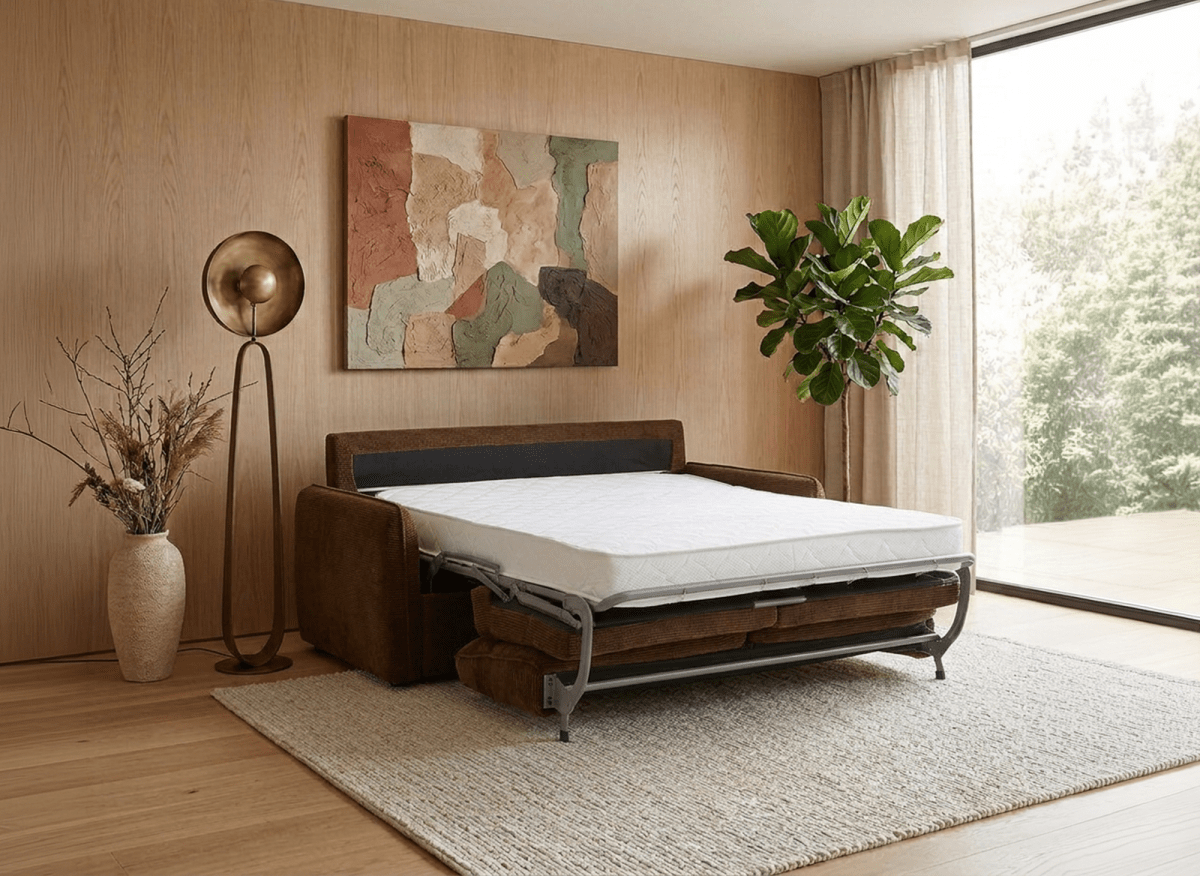 Canapé convertible express 3 places matelas 15 cm en tissu texturé terracotta ADILIO - DécoInParis