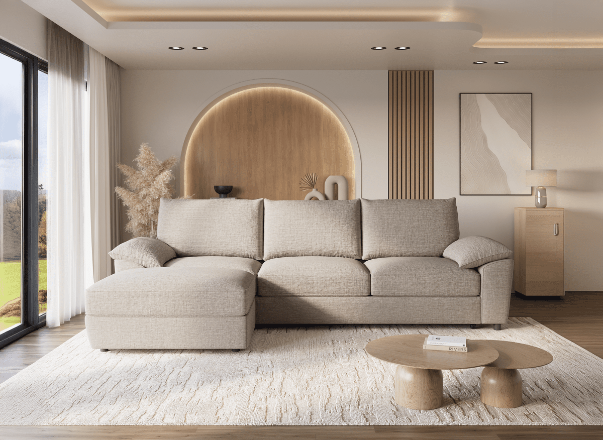 Canapé d'angle convertible avec coffre de rangement en velours chiné beige GABIN - Angle gauche - DécoInParis