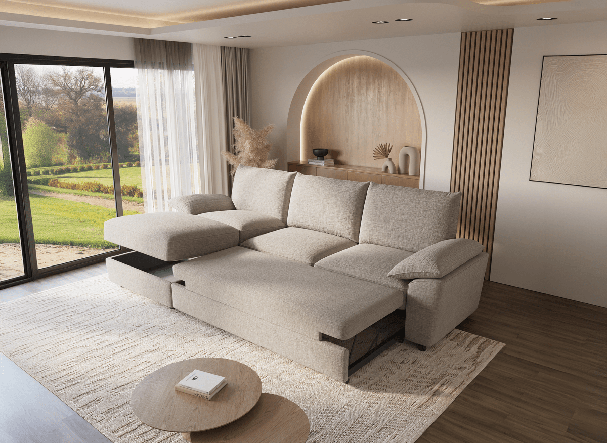 Canapé d'angle convertible avec coffre de rangement en velours chiné beige GABIN - Angle gauche - DécoInParis