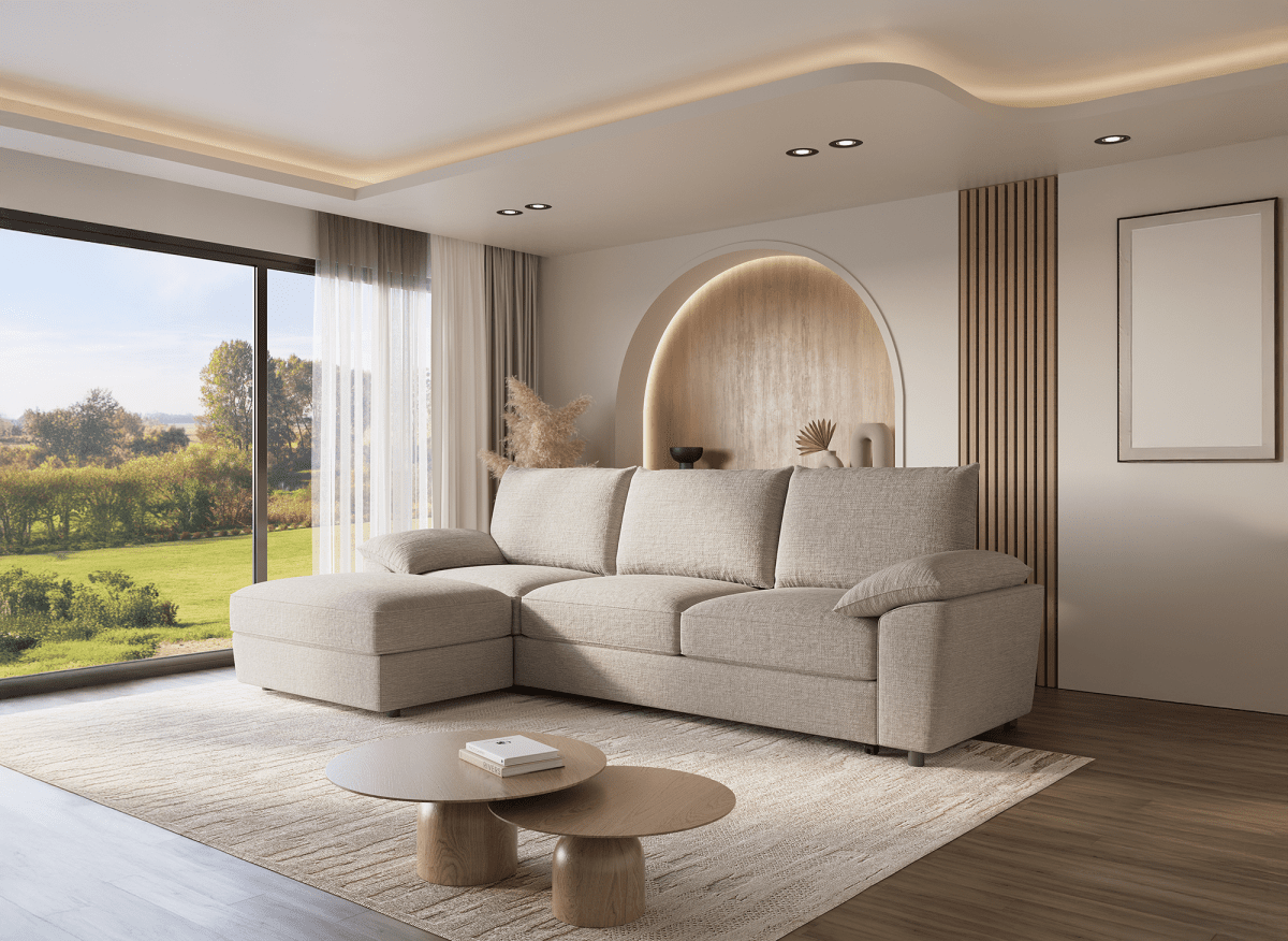 Canapé d'angle convertible avec coffre de rangement en velours chiné beige GABIN - Angle gauche - DécoInParis