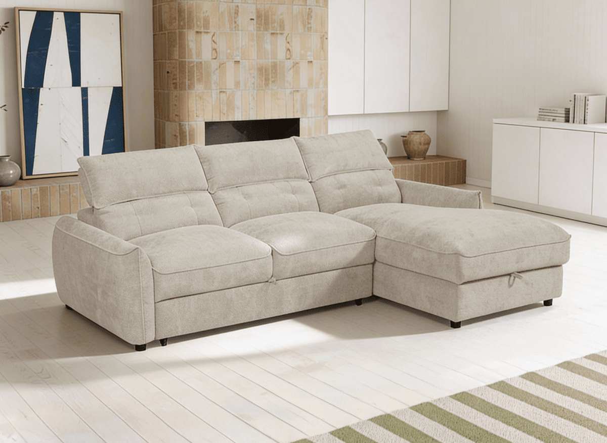 Canapé d'angle convertible avec coffre de rangement en velours chiné beige SAMINA - Angle droit - DécoInParis