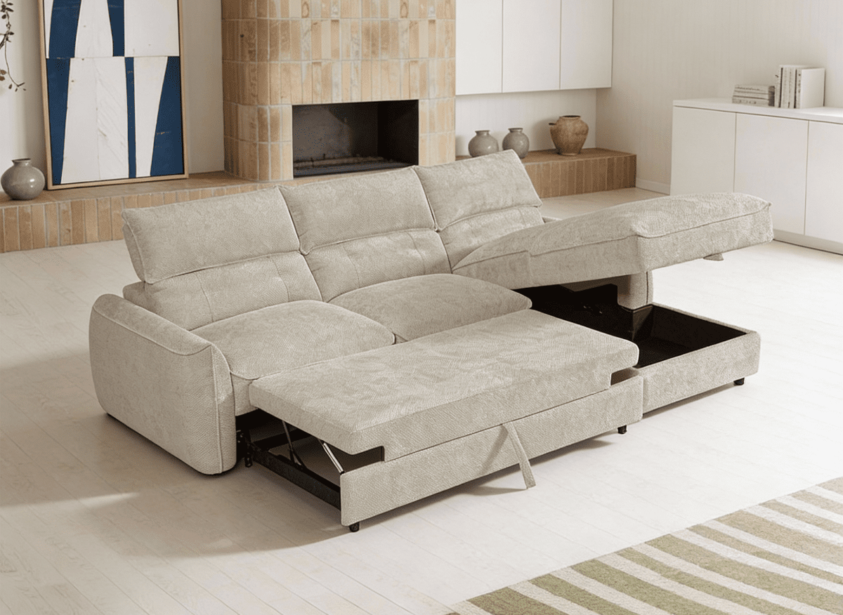 Canapé d'angle convertible avec coffre de rangement en velours chiné beige SAMINA - Angle droit - DécoInParis