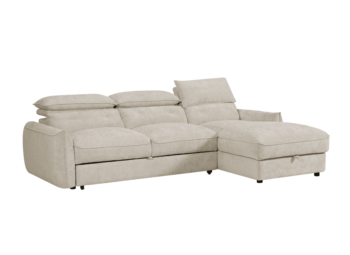 Canapé d'angle convertible avec coffre de rangement en velours chiné beige SAMINA - Angle droit - DécoInParis