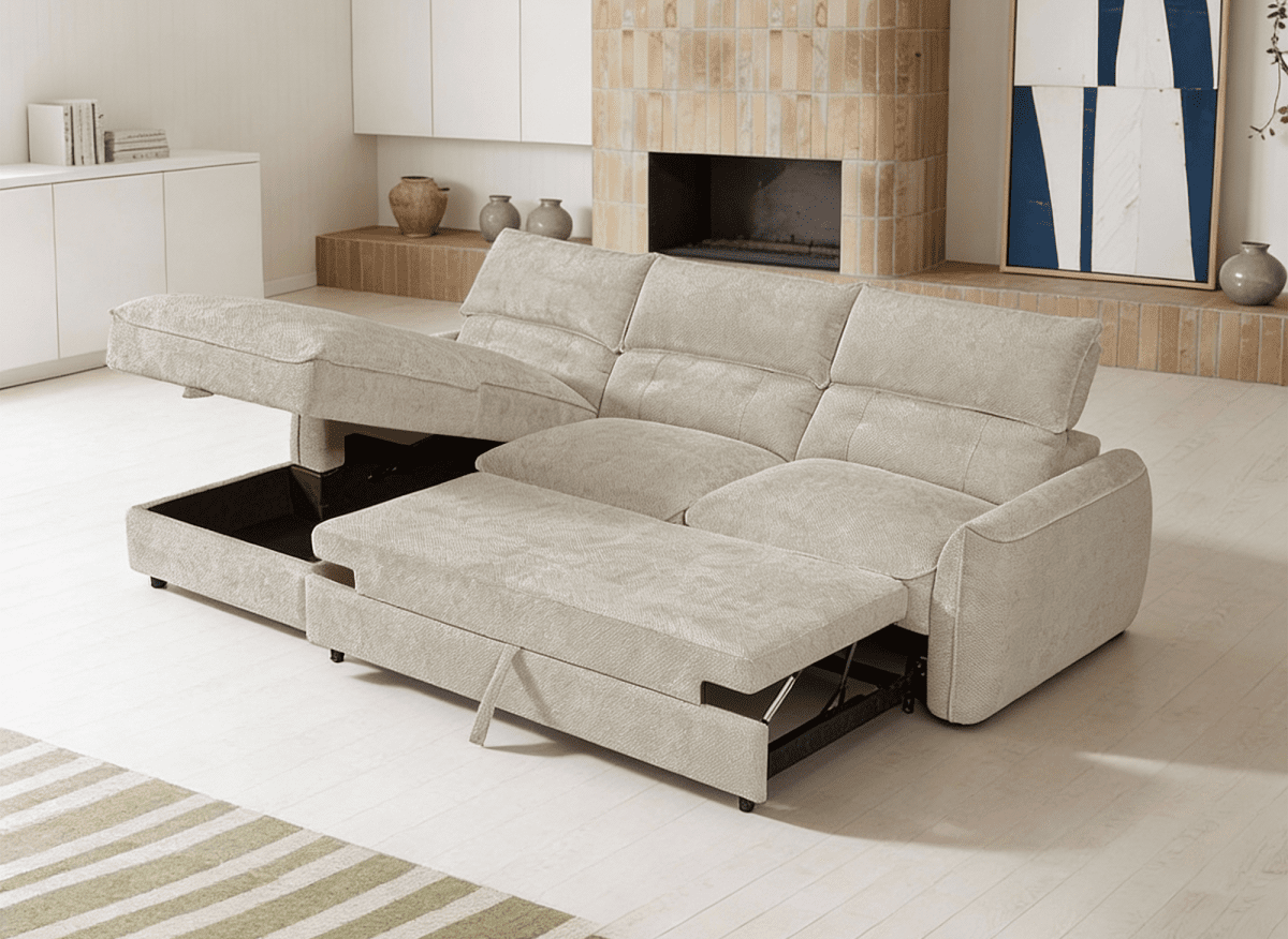 Canapé d'angle convertible avec coffre de rangement en velours chiné beige SAMINA - Angle gauche - DécoInParis