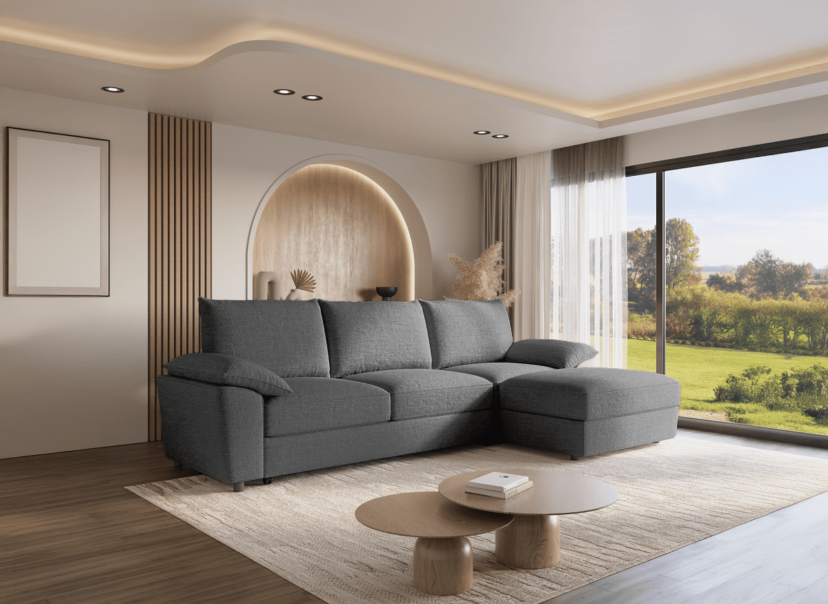 Canapé d'angle convertible avec coffre de rangement en velours chiné gris GABIN - Angle droit - DécoInParis