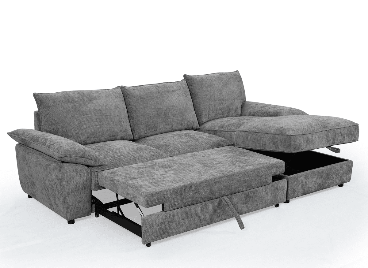 Canapé d'angle convertible avec coffre de rangement en velours chiné gris GABIN - Angle droit - DécoInParis