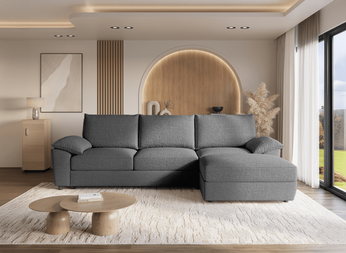 Canapé d'angle convertible avec coffre de rangement en velours chiné gris GABIN - Angle droit - DécoInParis