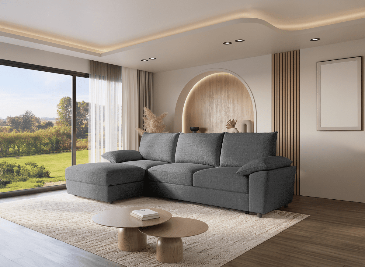 Canapé d'angle convertible avec coffre de rangement en velours chiné gris GABIN - Angle gauche - DécoInParis