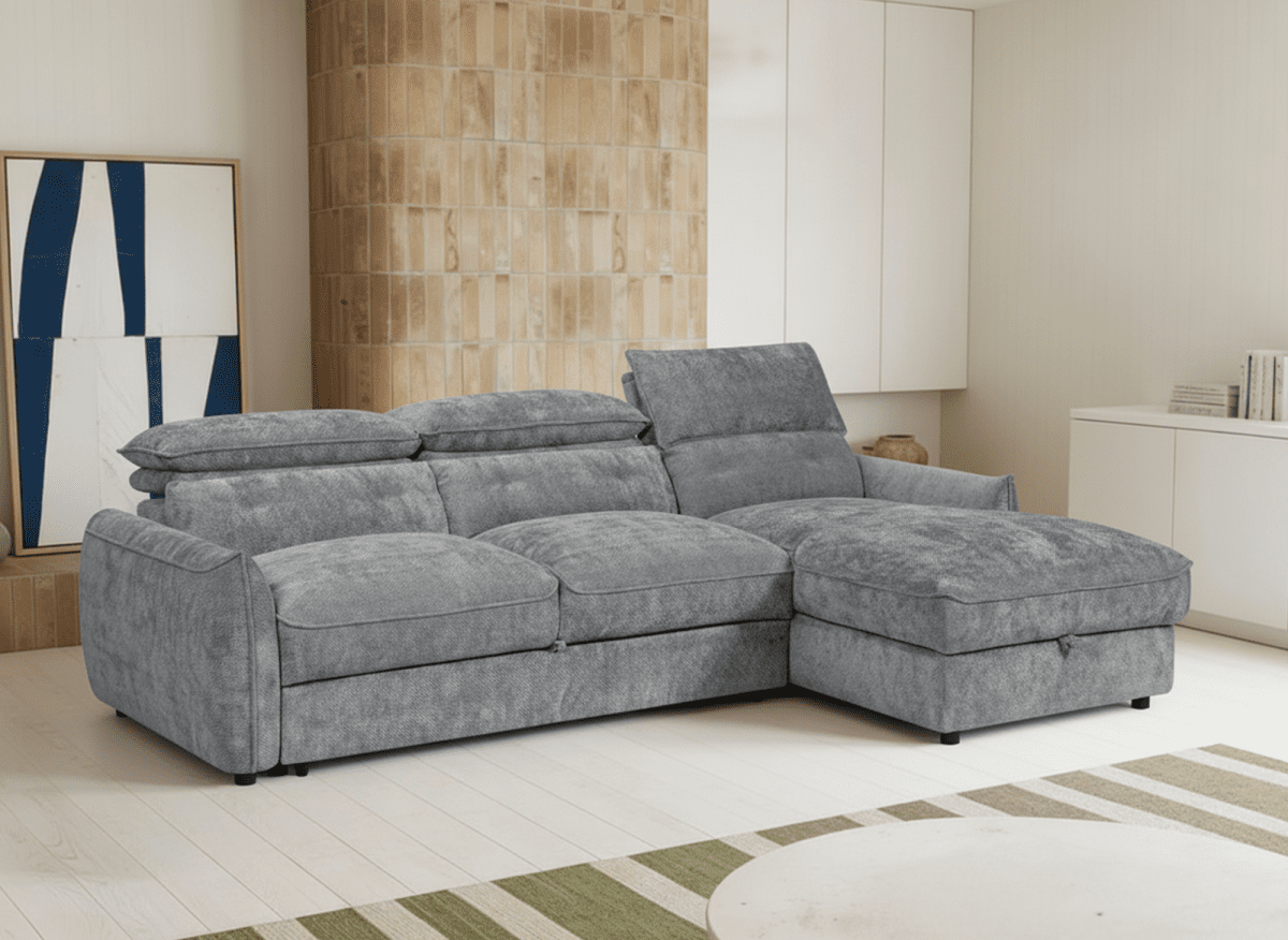 Canapé d'angle convertible avec coffre de rangement en velours chiné gris SAMINA - Angle droit - DécoInParis