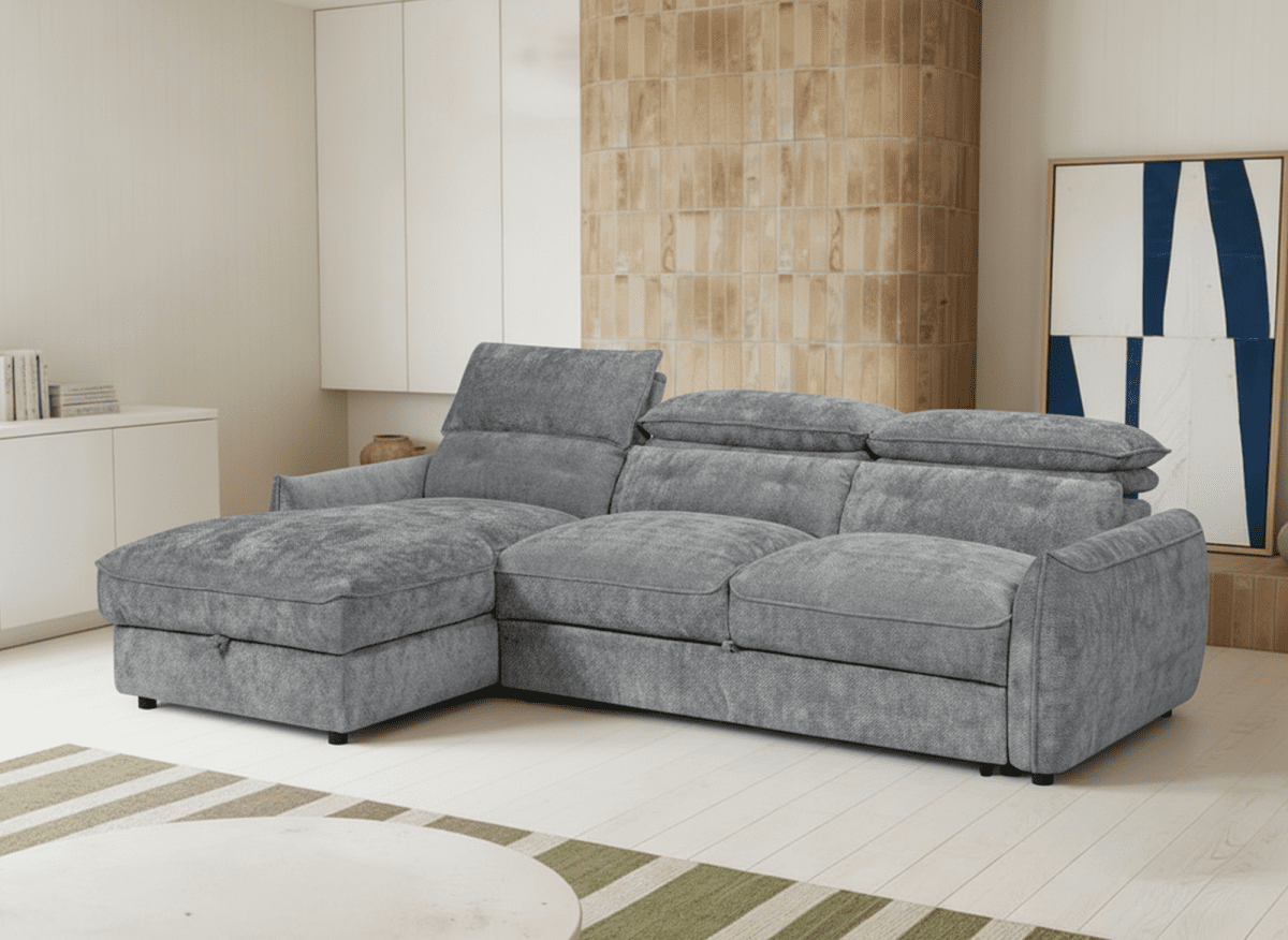 Canapé d'angle convertible avec coffre de rangement en velours chiné gris SAMINA - Angle gauche - DécoInParis